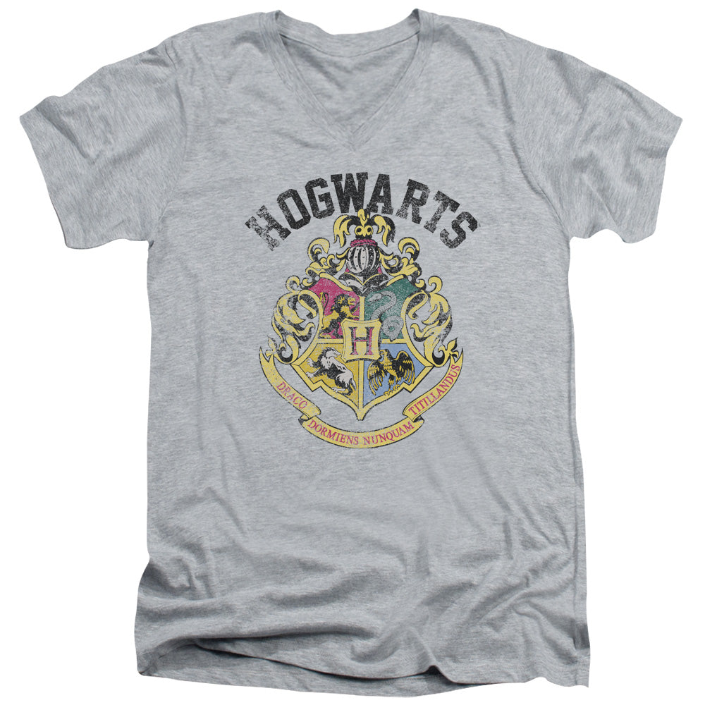 AN OFFCIALLY LICENSED HARRY POTTER HOGWARTS CREST MEN'S V-NECK T-SHIRT ATHLETIC HEATHER