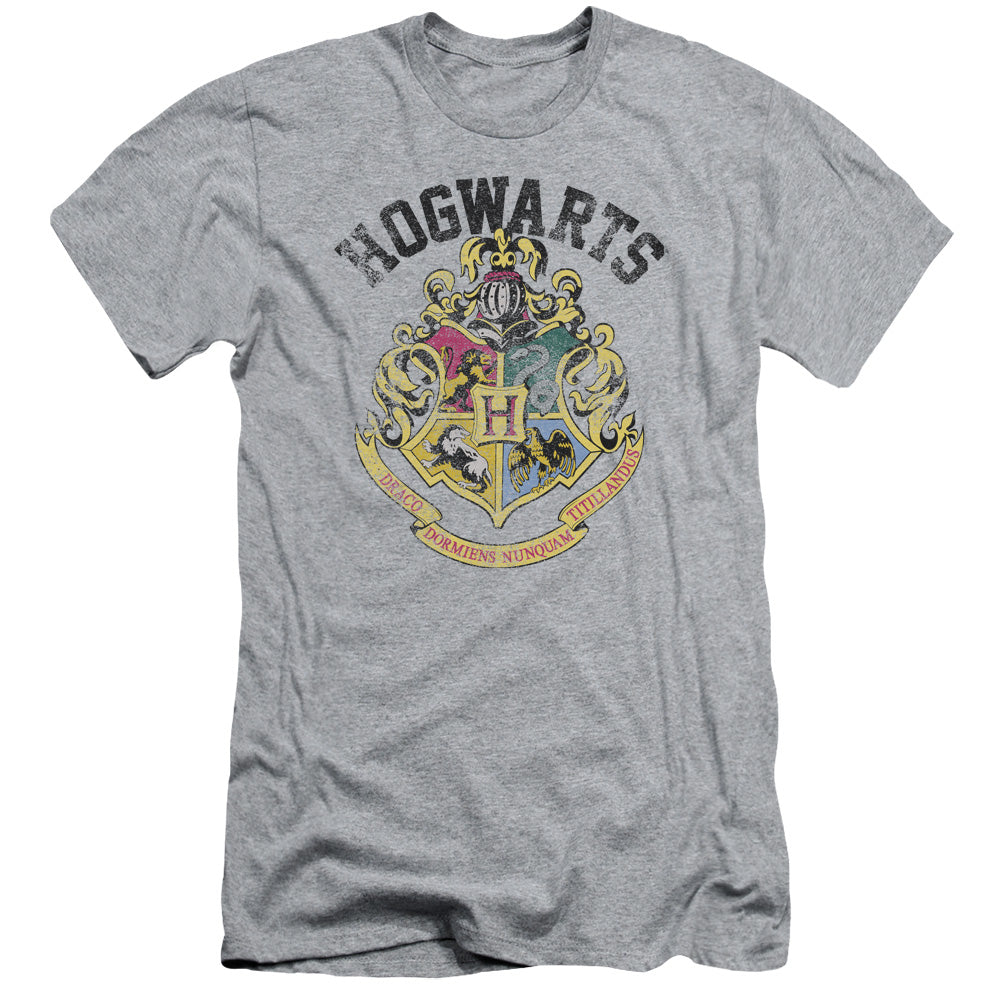 AN OFFCIALLY LICENSED HARRY POTTER HOGWARTS CREST MEN'S PREMIUM SLIM FIT T-SHIRT ATHLETIC HEATHER