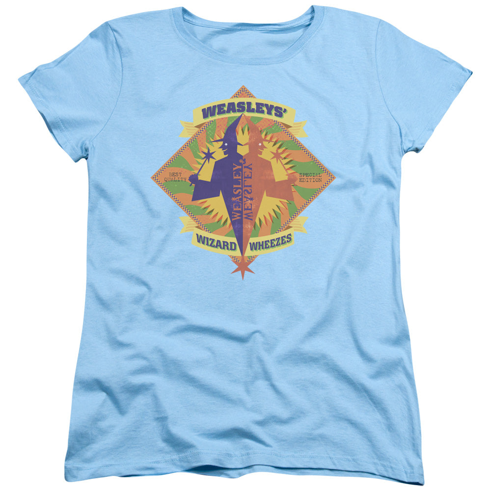 AN OFFCIALLY LICENSED HARRY POTTER WIZARD WHEEZES WOMEN'S REGULAR FIT T-SHIRT LIGHT BLUE