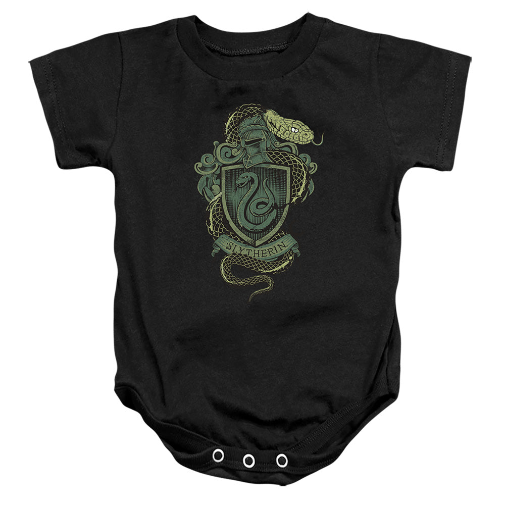 AN OFFCIALLY LICENSED HARRY POTTER SLYTHERIN SNAKE CREST BABY BODYSUIT BLACK