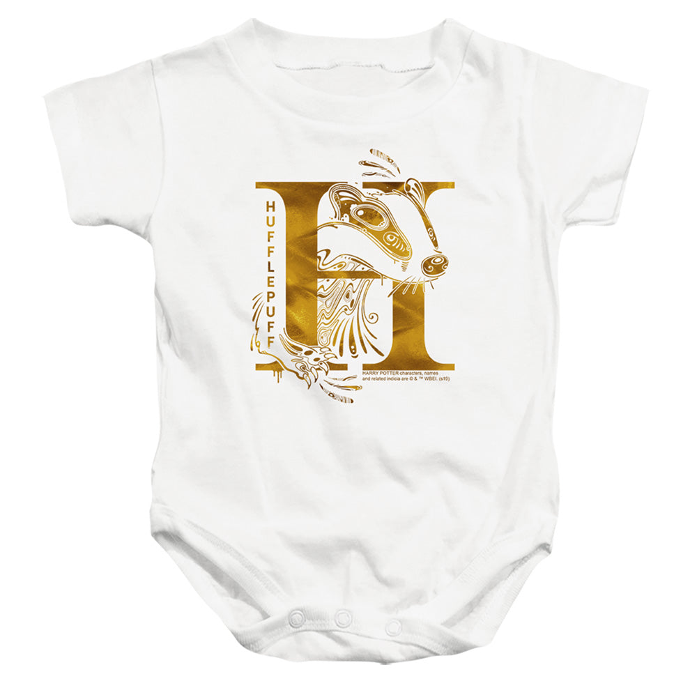 AN OFFCIALLY LICENSED HARRY POTTER HUFFLEPUFF H LOGO BABY BODYSUIT WHITE