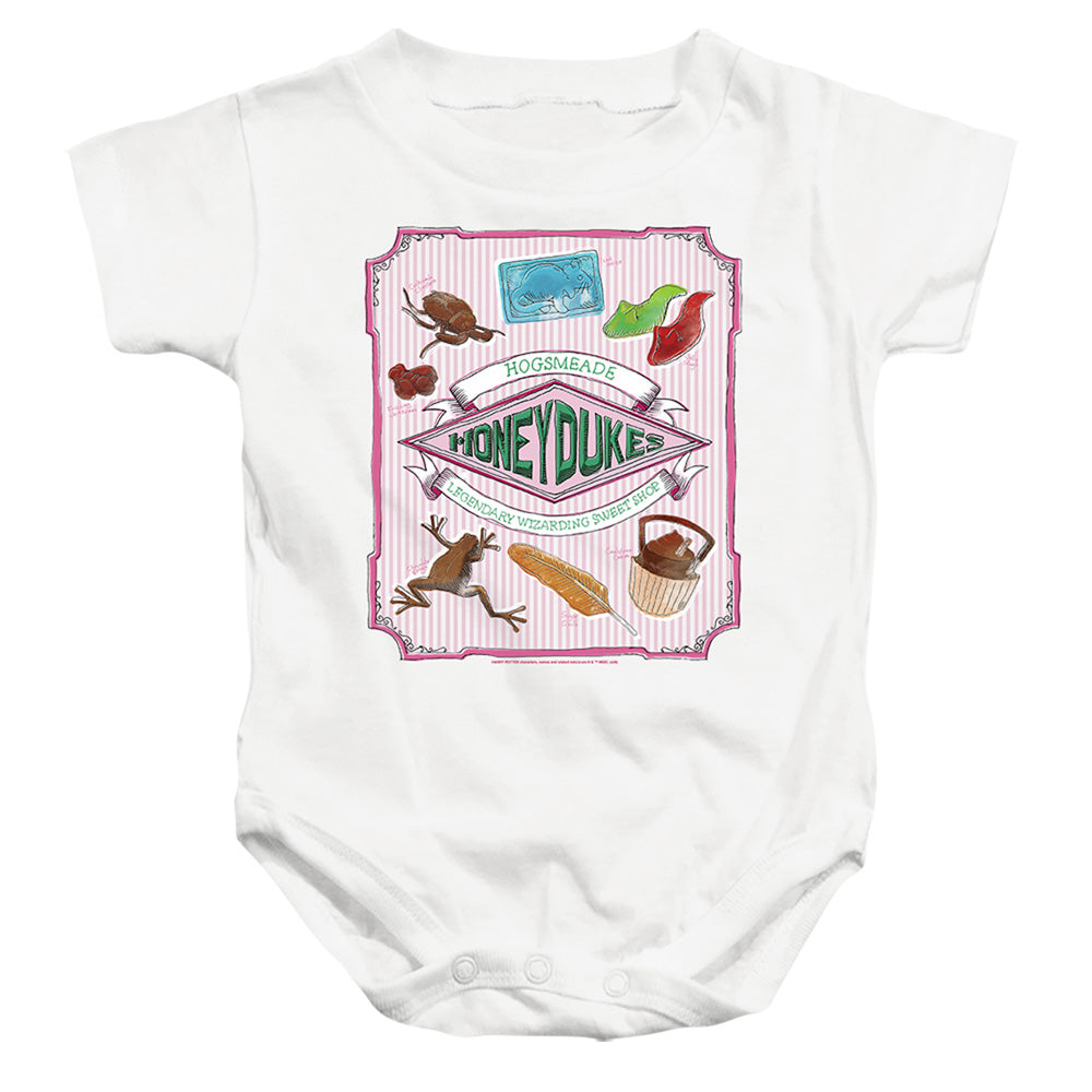 AN OFFCIALLY LICENSED HARRY POTTER HONEYDUKES HOGSMEADE LABEL BABY BODYSUIT WHITE