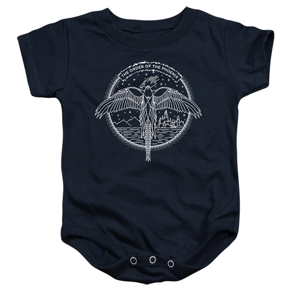 AN OFFCIALLY LICENSED HARRY POTTER THE ORDER OF THE PHOENIX CIRCLE LINE ART BABY BODYSUIT NAVY