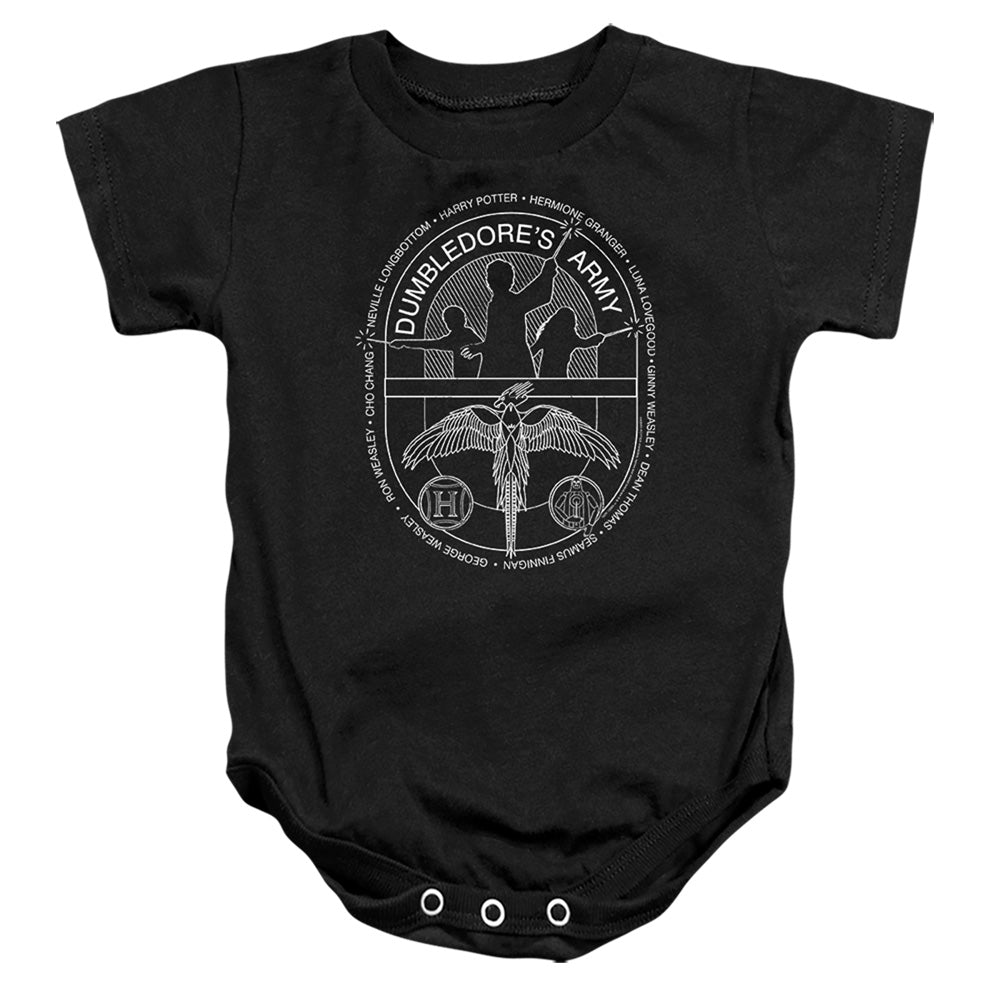 AN OFFCIALLY LICENSED HARRY POTTER DUMBLEDORE'S ARMY CIRCLE LINE ART BABY BODYSUIT BLACK