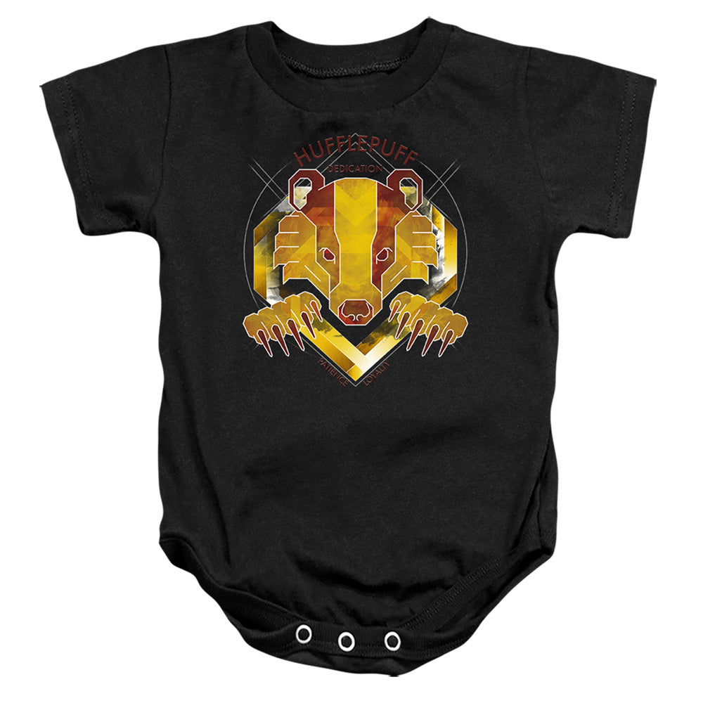 AN OFFCIALLY LICENSED HARRY POTTER HUFFLEPUFF DEDICATION PATIENCE LOYALTY BABY BODYSUIT BLACK