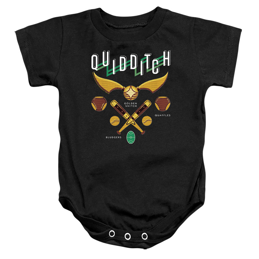 AN OFFCIALLY LICENSED HARRY POTTER QUIDDITCH EQUIPMENT LOGO BABY BODYSUIT BLACK