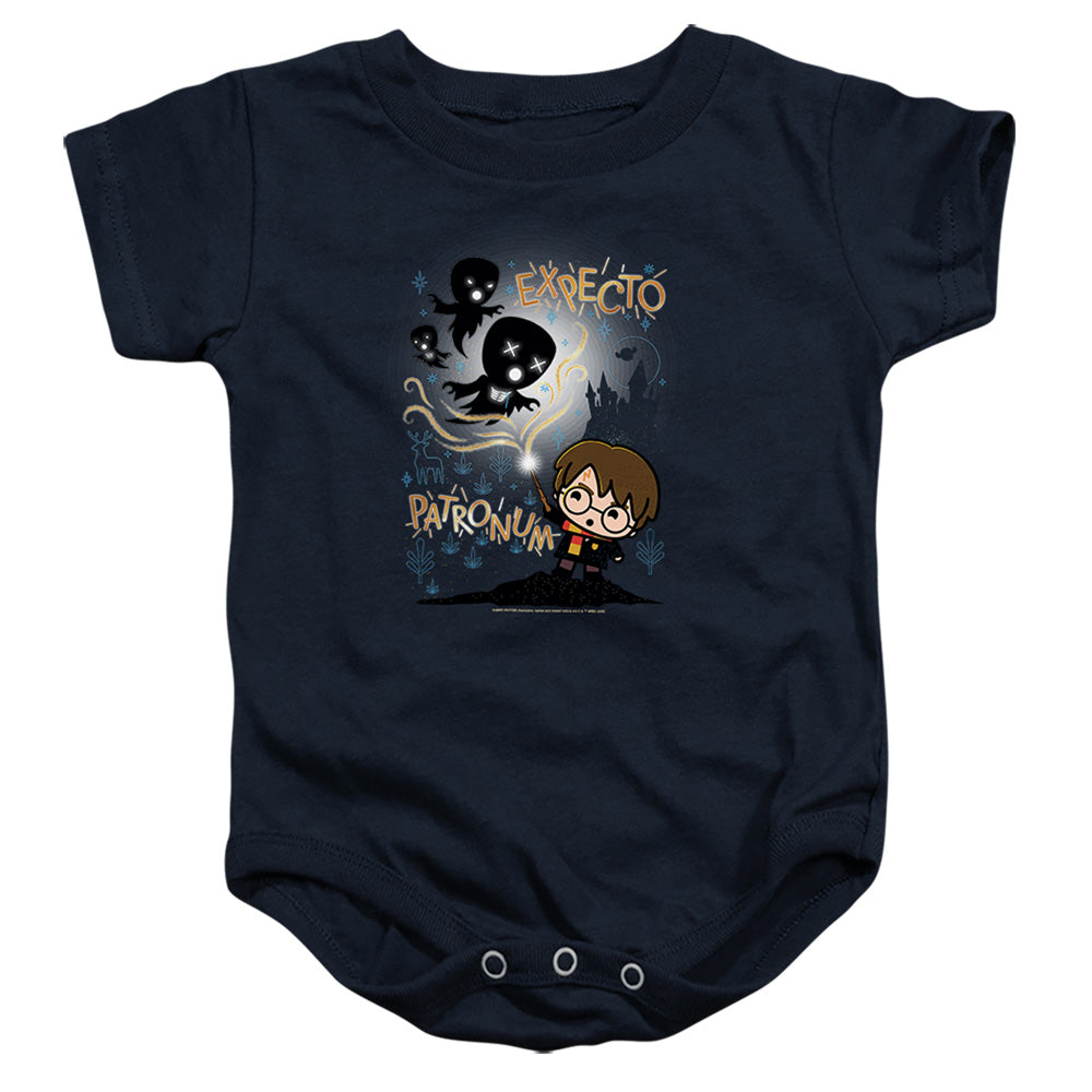 AN OFFCIALLY LICENSED HARRY POTTER EXPECTO PATRONUM CHIBI POTTER BABY BODYSUIT NAVY
