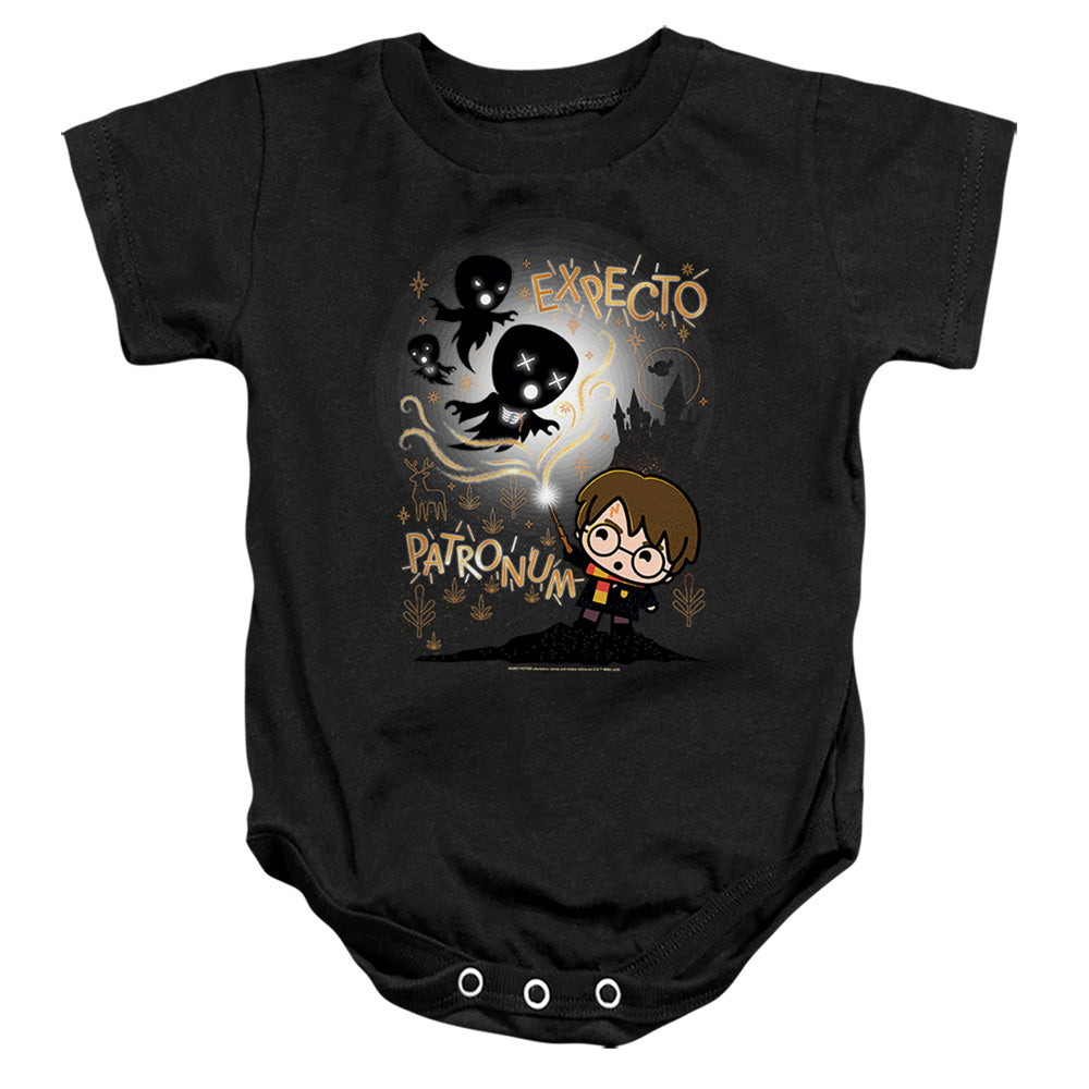 AN OFFCIALLY LICENSED HARRY POTTER EXPECTO PATRONUM CHIBI POTTER TOO BABY BODYSUIT BLACK