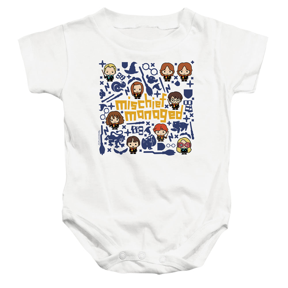 AN OFFCIALLY LICENSED HARRY POTTER MISCHIEF MANAGED CHIBIS BABY BODYSUIT WHITE