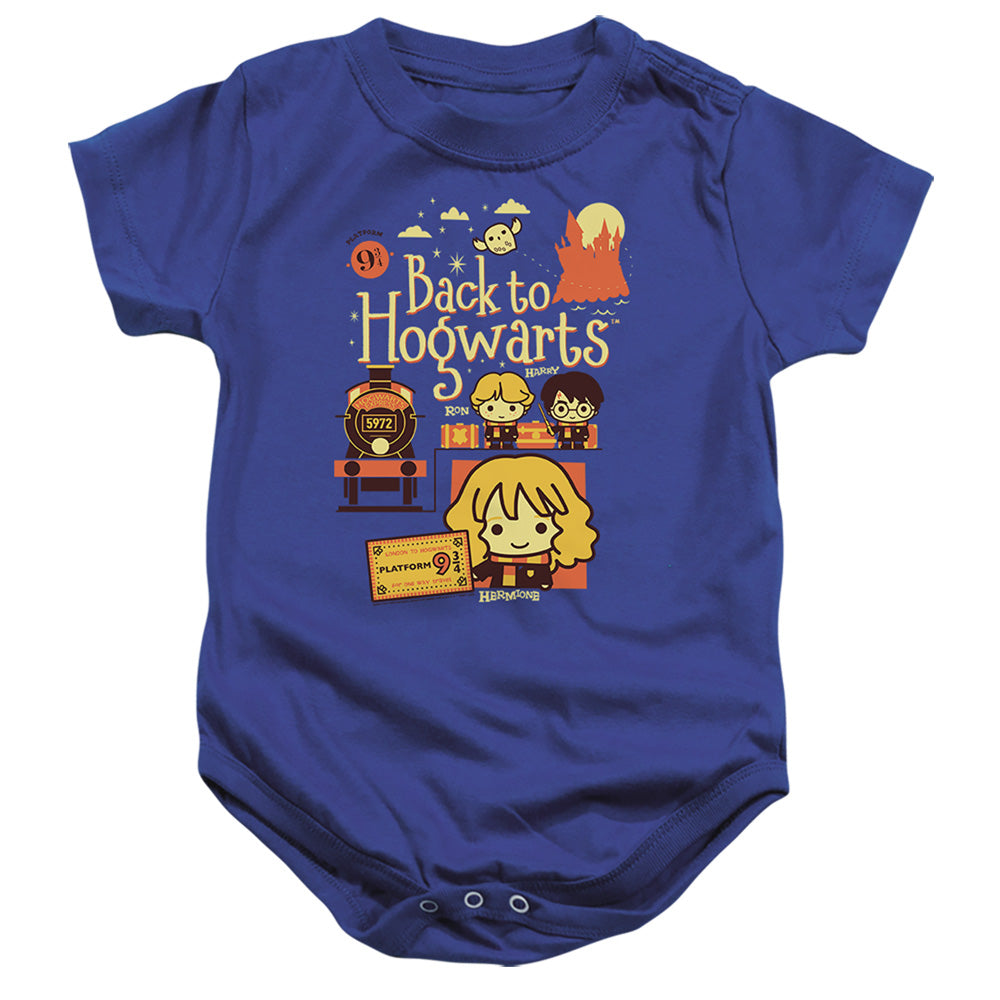 AN OFFCIALLY LICENSED HARRY POTTER BACK TO HOGWARTS PLATFORM 9 3/4 CHIBIS BABY BODYSUIT ROYAL