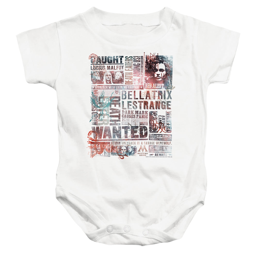 AN OFFCIALLY LICENSED HARRY POTTER DEATH EATERS MOST WANTED NEWS CLIPPINGS BABY BODYSUIT WHITE
