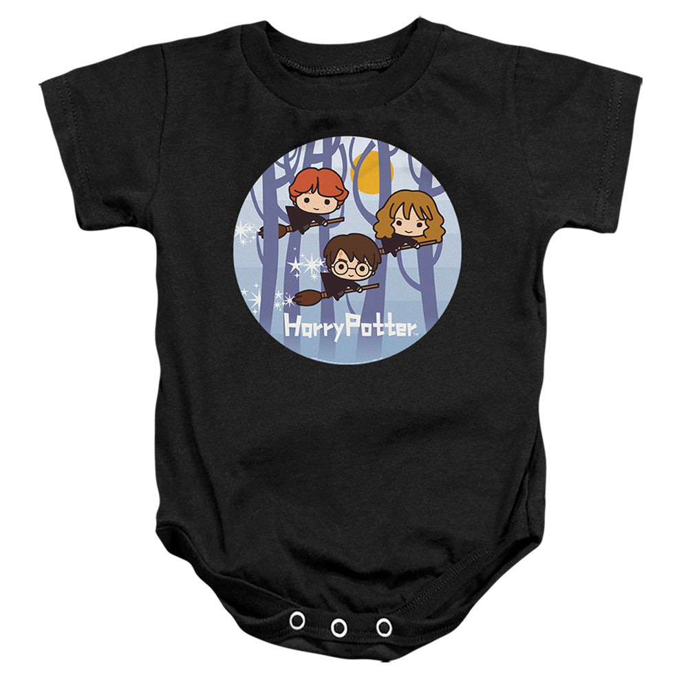 AN OFFCIALLY LICENSED HARRY POTTER CHIBI TRIO FLYING ON BROOMSTICKS BABY BODYSUIT BLACK