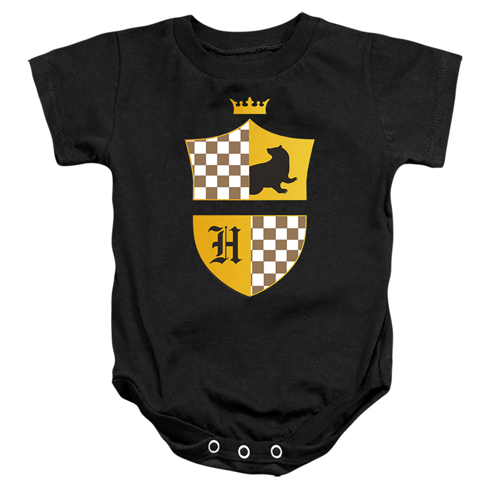 AN OFFCIALLY LICENSED HARRY POTTER HUFFLEPUFF CHECKERED SHIELD CREST BABY BODYSUIT BLACK