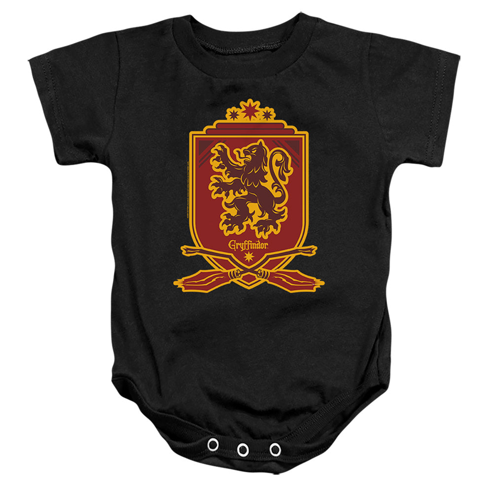 AN OFFCIALLY LICENSED HARRY POTTER GRYFFINDOR BROOMSTICK BADGER LOGO BABY BODYSUIT BLACK