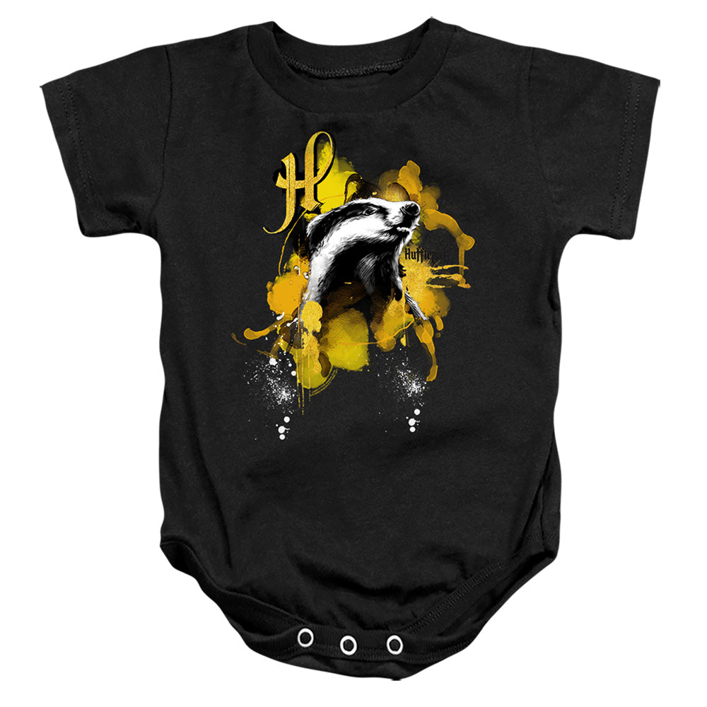 AN OFFCIALLY LICENSED HARRY POTTER URBAN ELEGANCE HUFFLEPUFF BADGER BABY BODYSUIT BLACK