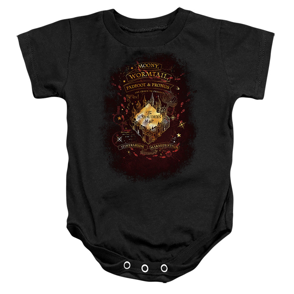 AN OFFCIALLY LICENSED HARRY POTTER CELESTIAL MARAUDERS MAP BABY BODYSUIT BLACK