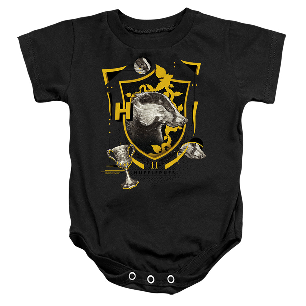 AN OFFCIALLY LICENSED HARRY POTTER HUFFLEPUFF MAGICIAL MISCHIEF LEVEL UP CREST BABY BODYSUIT BLACK