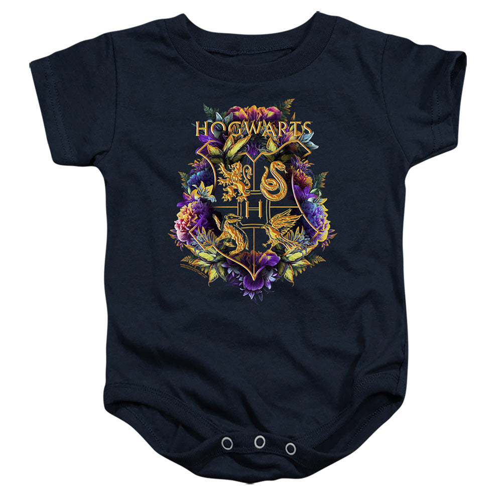 AN OFFCIALLY LICENSED HARRY POTTER HOGWARTS FLORAL CREST BABY BODYSUIT NAVY