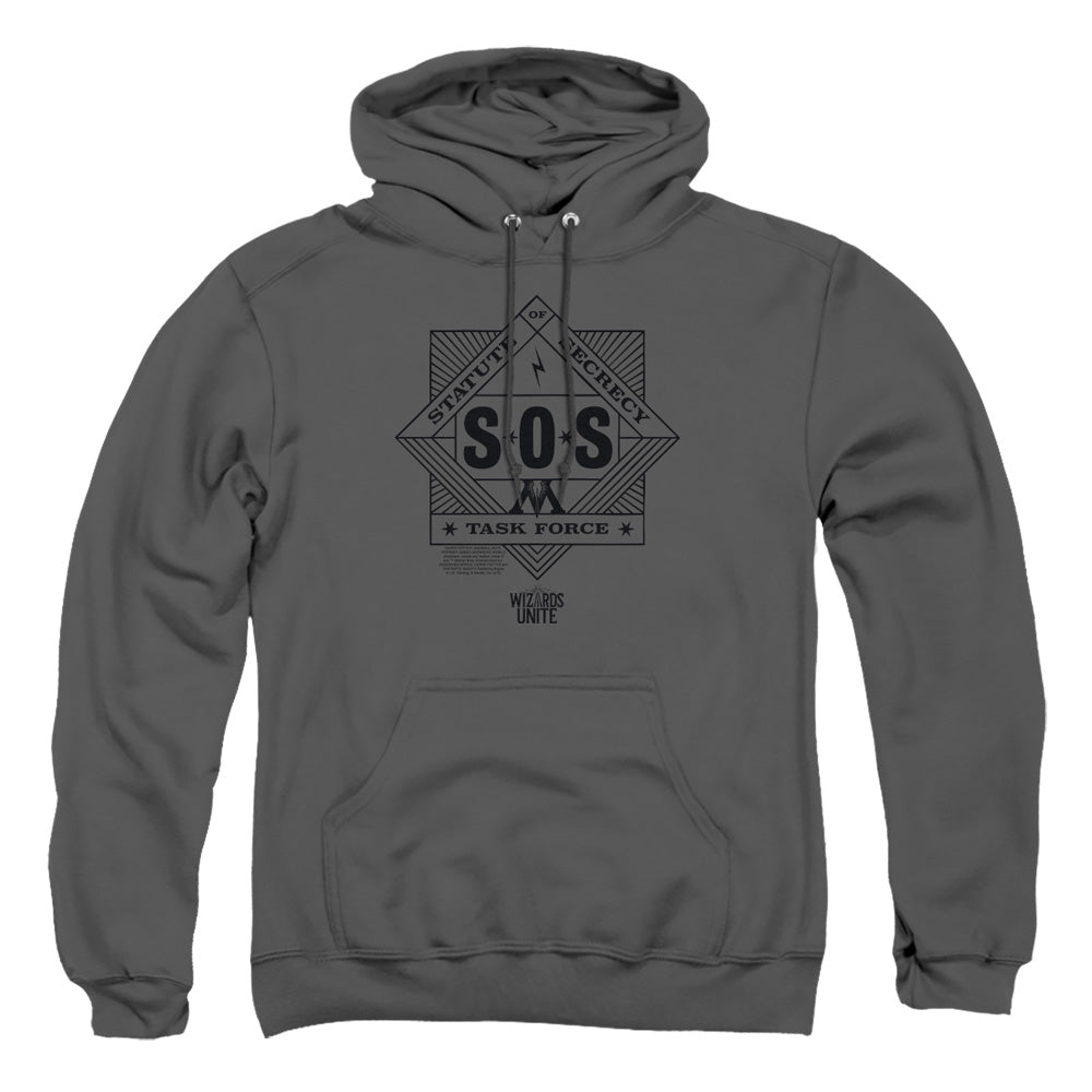 AN OFFCIALLY LICENSED HARRY POTTER WIZARDS UNITE SOS TASK FORCE ADULT UNISEX PULLOVER HOODIE CHARCOAL