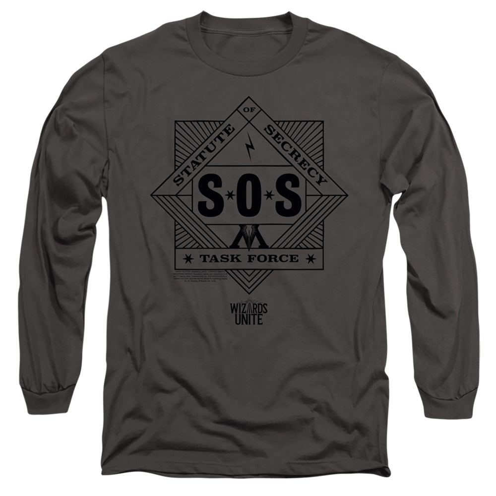AN OFFCIALLY LICENSED HARRY POTTER WIZARDS UNITE SOS TASK FORCE MEN'S LONG SLEEVE T-SHIRT CHARCOAL
