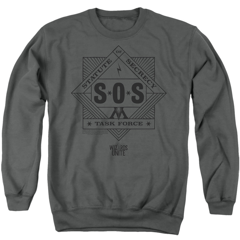 AN OFFCIALLY LICENSED HARRY POTTER WIZARDS UNITE SOS TASK FORCE ADULT UNISEX CREWNECK SWEATSHIRT CHARCOAL