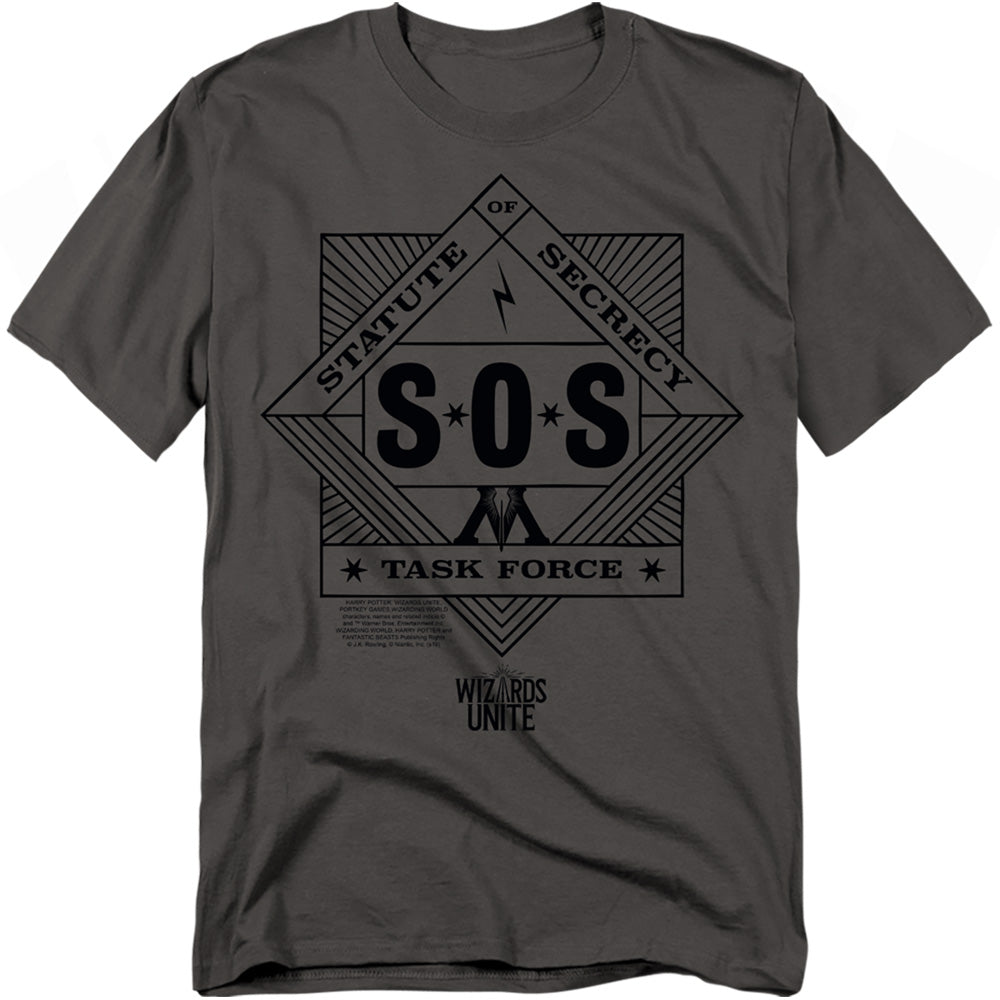 AN OFFCIALLY LICENSED HARRY POTTER WIZARDS UNITE SOS TASK FORCE MEN'S REGULAR FIT T-SHIRT CHARCOAL