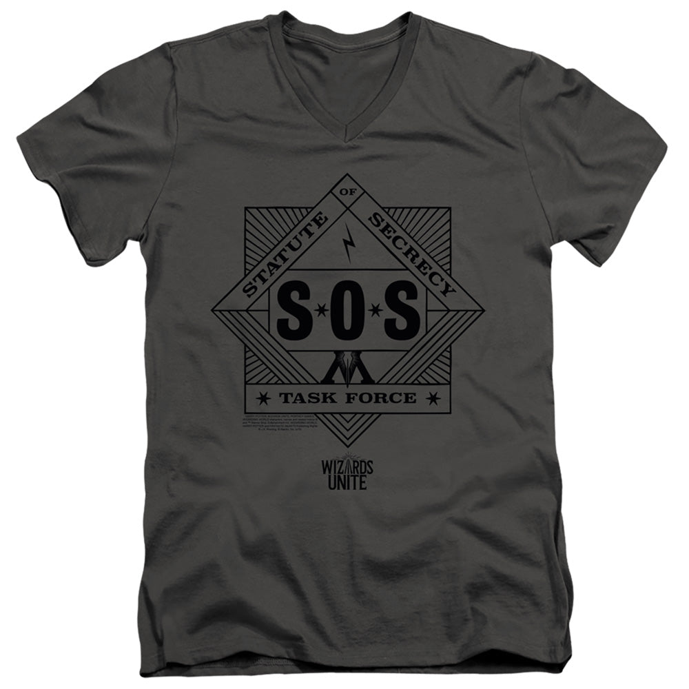 AN OFFCIALLY LICENSED HARRY POTTER WIZARDS UNITE SOS TASK FORCE MEN'S V-NECK T-SHIRT CHARCOAL