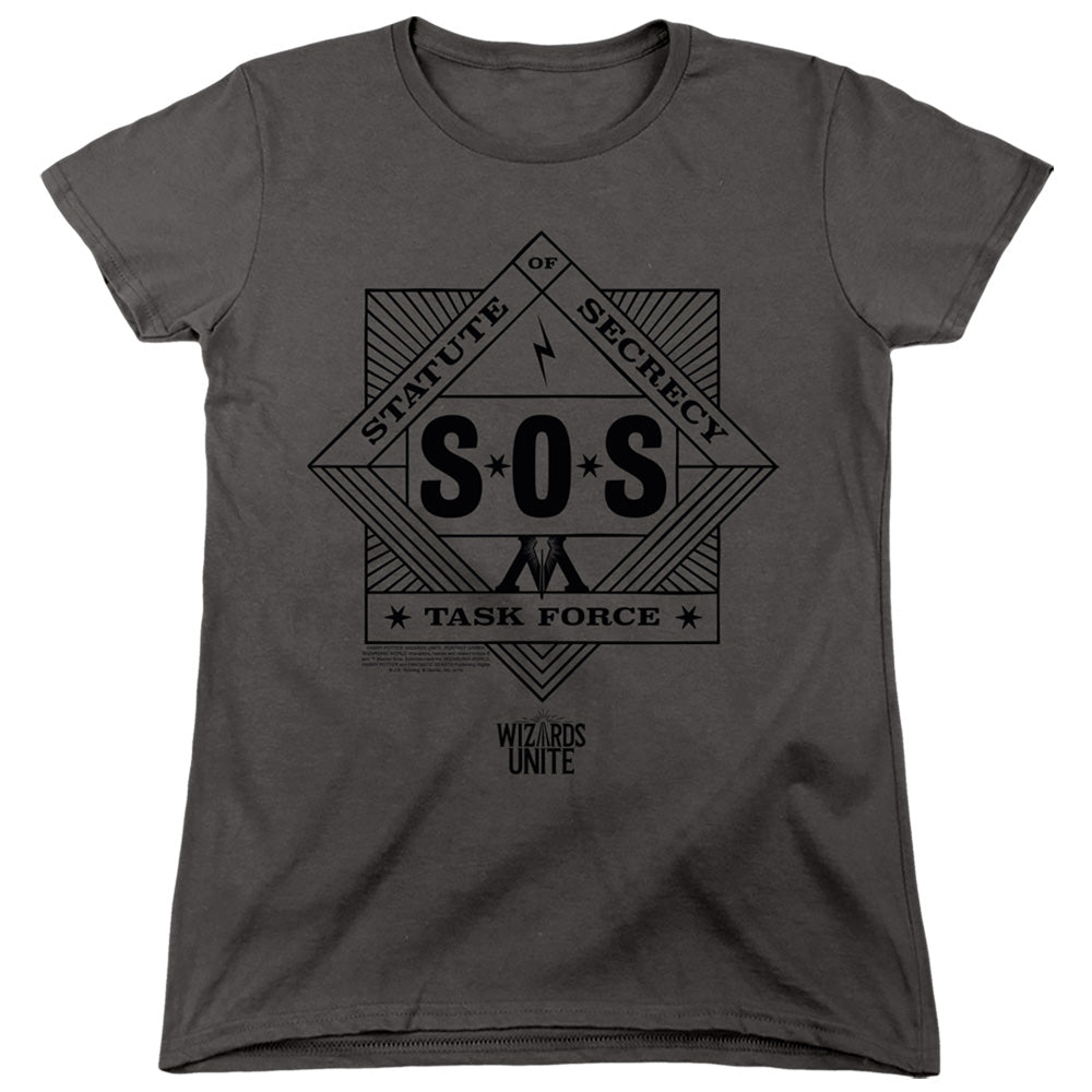 AN OFFCIALLY LICENSED HARRY POTTER WIZARDS UNITE SOS TASK FORCE WOMEN'S REGULAR FIT T-SHIRT CHARCOAL