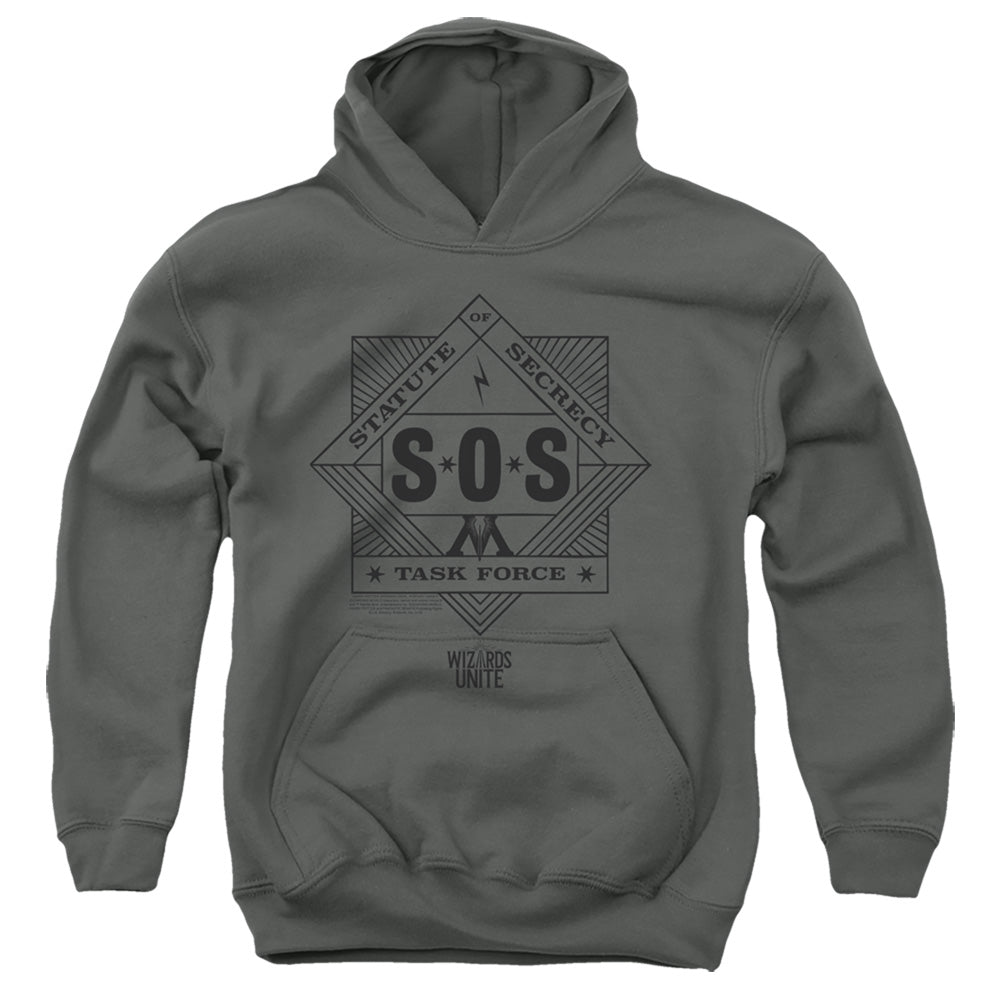 AN OFFCIALLY LICENSED HARRY POTTER WIZARDS UNITE SOS TASK FORCE YOUTH HOODIE CHARCOAL
