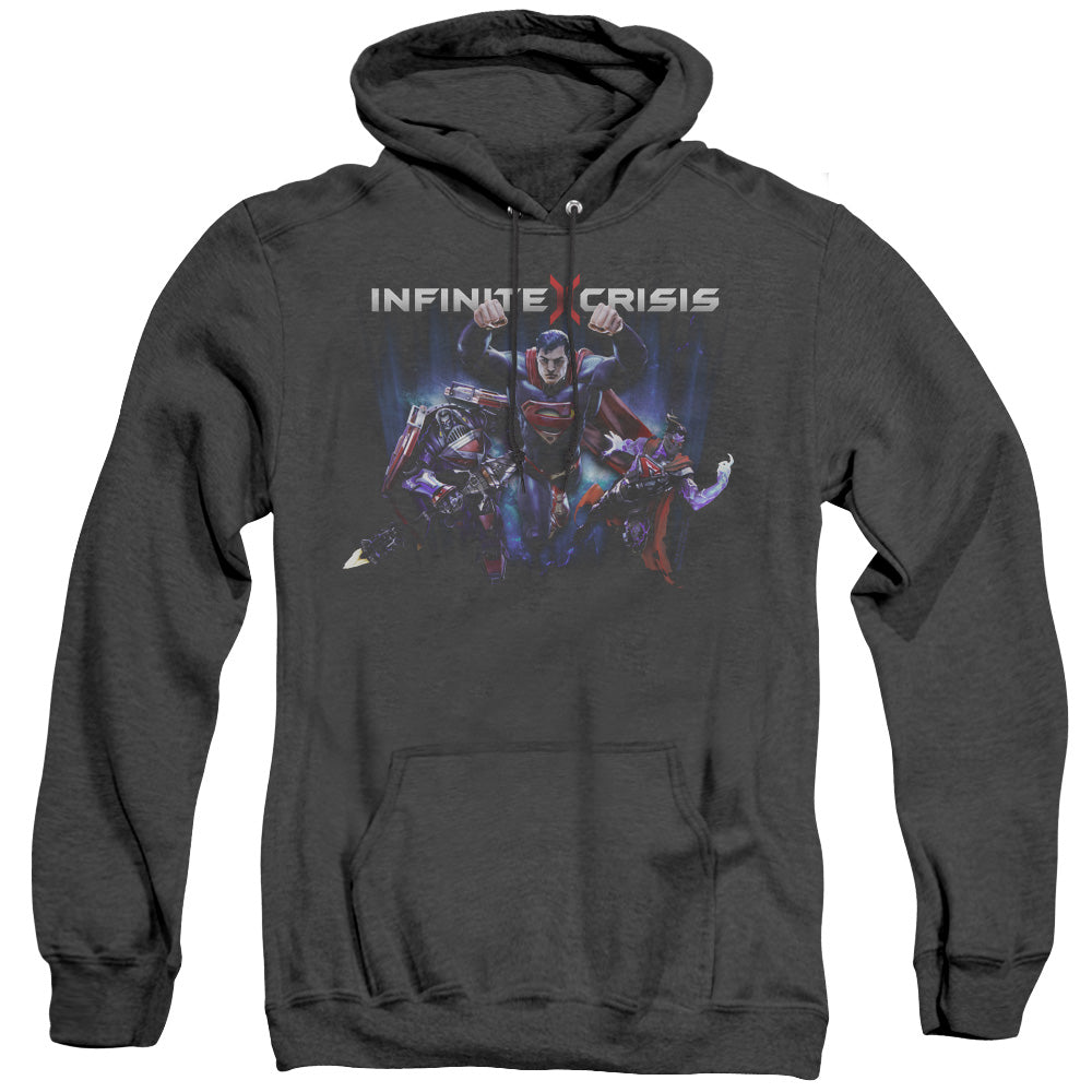 AN OFFCIALLY LICENSED INFINITE CRISIS IC SUPER ADULT UNISEX HEATHER PULLOVER HOODIE BLACK