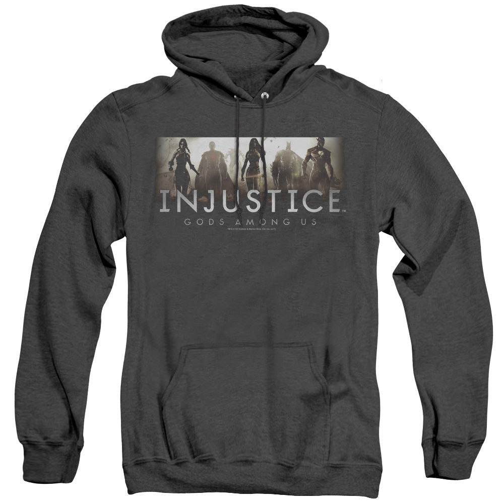 AN OFFCIALLY LICENSED INJUSTICE GODS AMONG US LOGO ADULT UNISEX HEATHER PULLOVER HOODIE BLACK