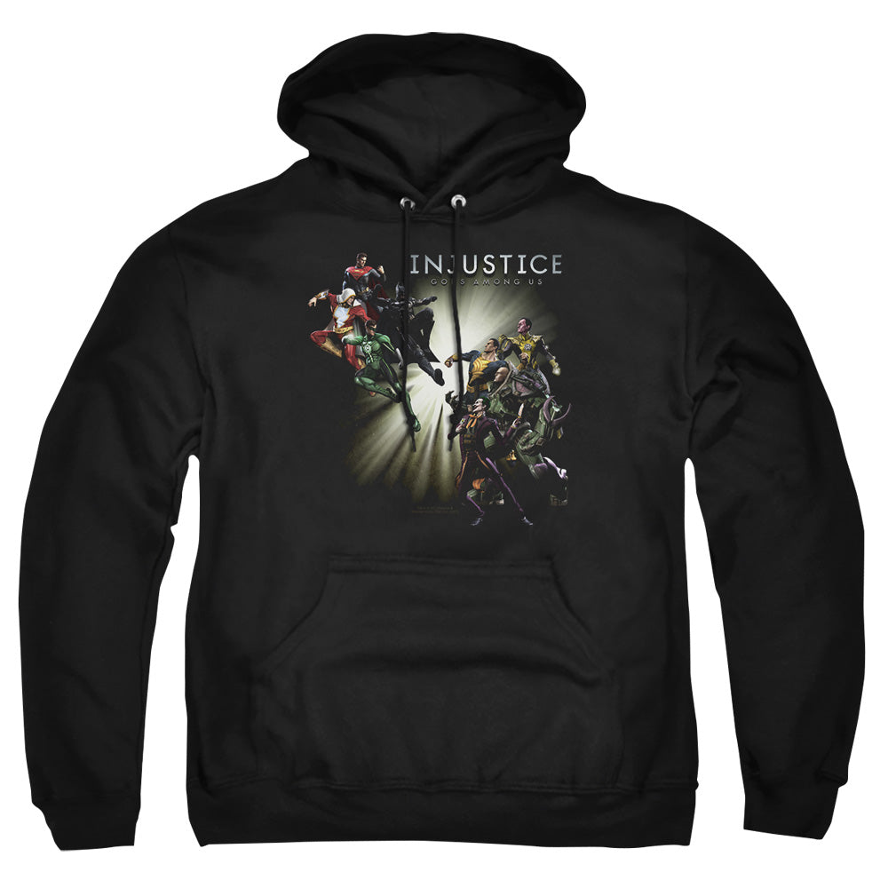 AN OFFCIALLY LICENSED INJUSTICE GODS AMONG US GOOD VS EVIL ADULT UNISEX PULLOVER HOODIE BLACK
