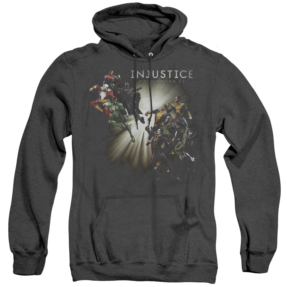 AN OFFCIALLY LICENSED INJUSTICE GODS AMONG US GOOD VS EVIL ADULT UNISEX HEATHER PULLOVER HOODIE BLACK