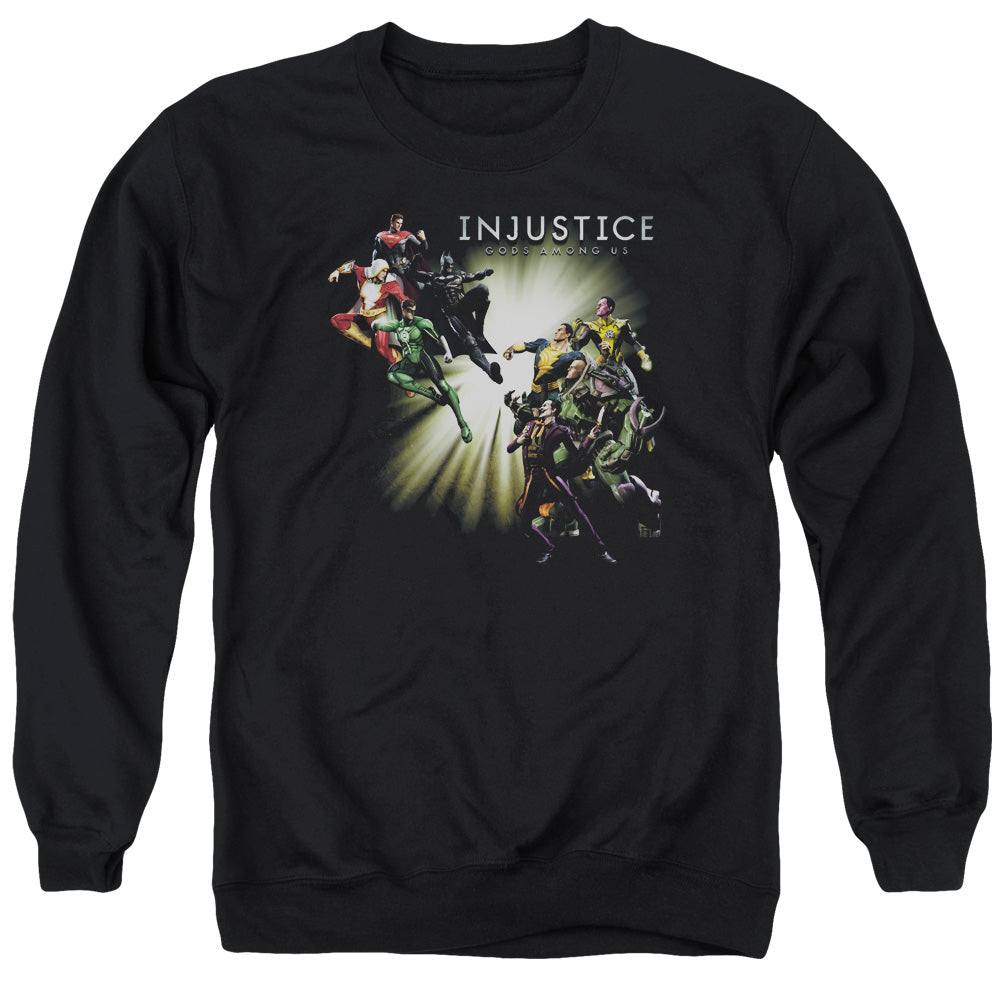 AN OFFCIALLY LICENSED INJUSTICE GODS AMONG US GOOD VS EVIL ADULT UNISEX CREWNECK SWEATSHIRT BLACK