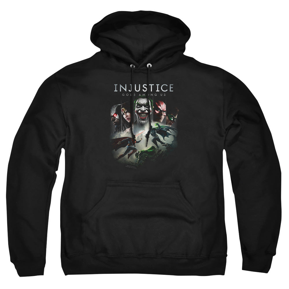AN OFFCIALLY LICENSED INJUSTICE GODS AMONG US KEY ART ADULT UNISEX PULLOVER HOODIE BLACK
