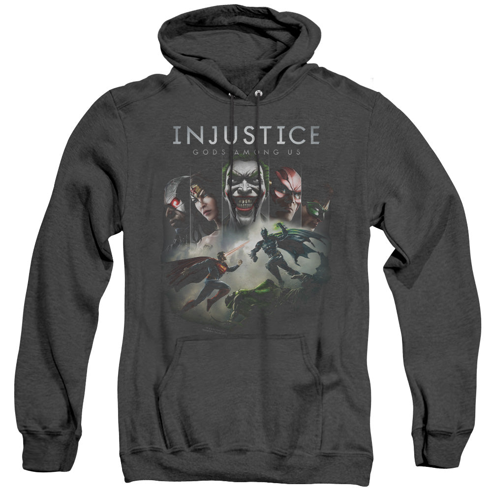 AN OFFCIALLY LICENSED INJUSTICE GODS AMONG US KEY ART ADULT UNISEX HEATHER PULLOVER HOODIE BLACK