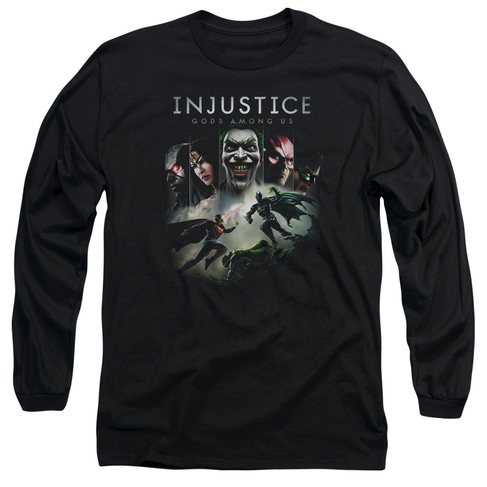 AN OFFCIALLY LICENSED INJUSTICE GODS AMONG US KEY ART MEN'S LONG SLEEVE T-SHIRT BLACK