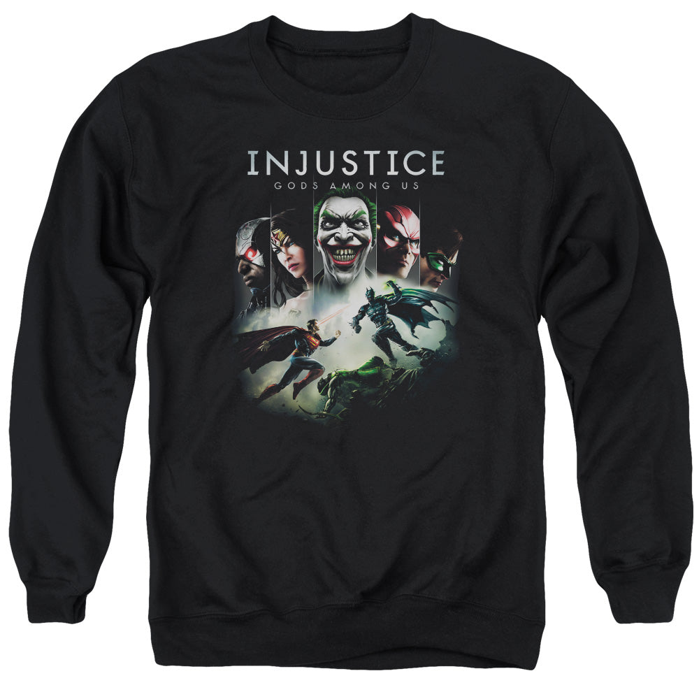 AN OFFCIALLY LICENSED INJUSTICE GODS AMONG US KEY ART ADULT UNISEX CREWNECK SWEATSHIRT BLACK
