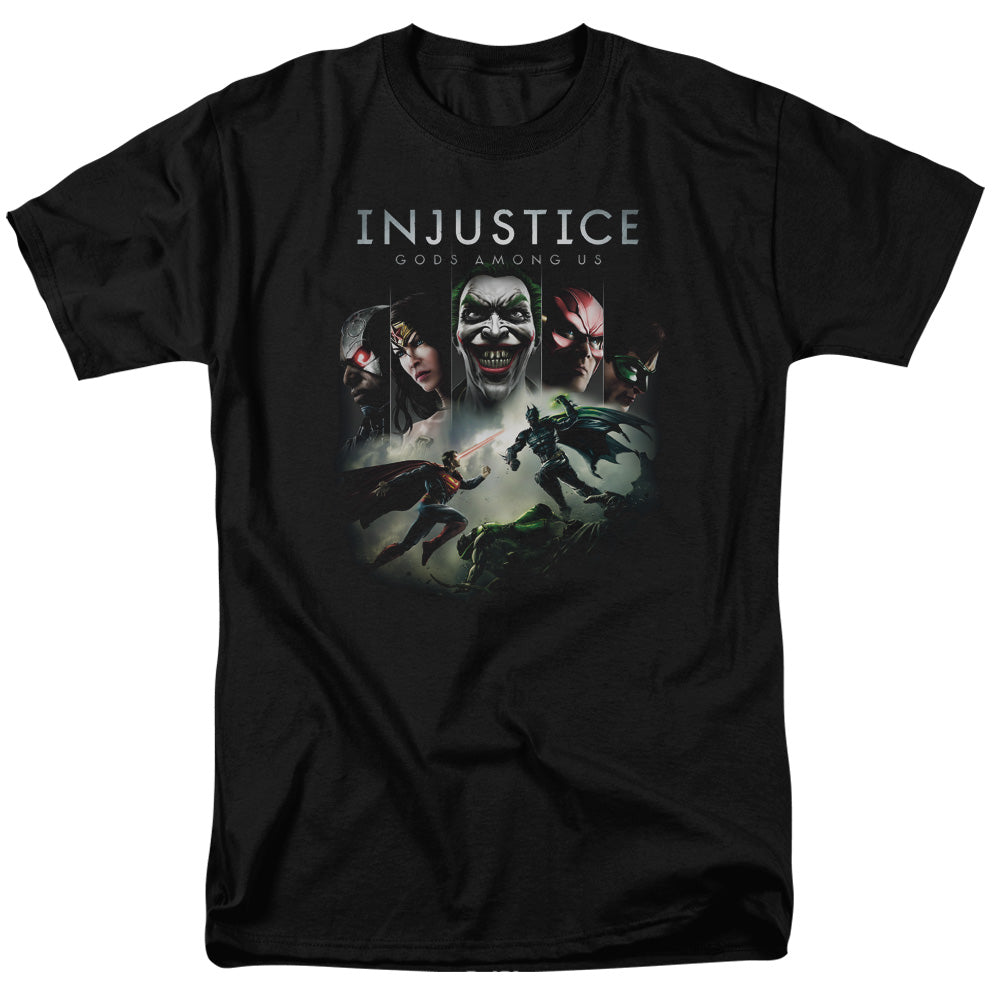 AN OFFCIALLY LICENSED INJUSTICE GODS AMONG US KEY ART MEN'S REGULAR FIT T-SHIRT BLACK