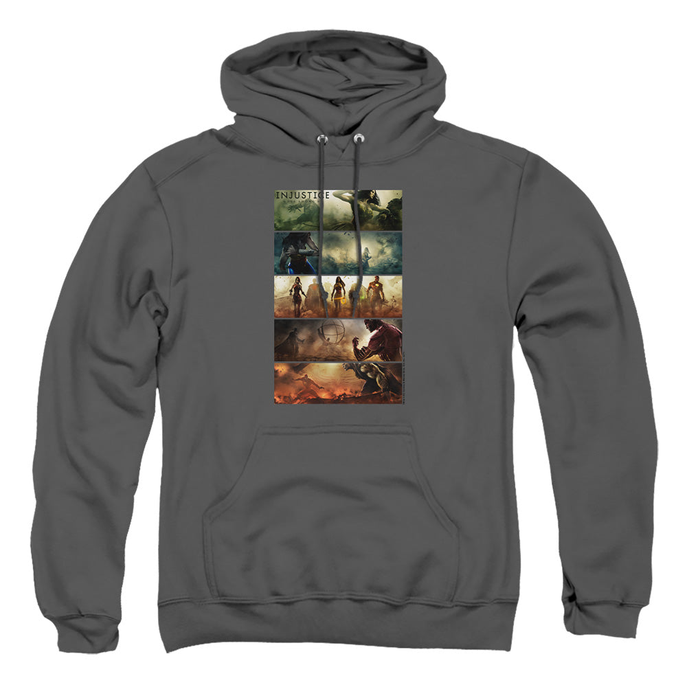 AN OFFCIALLY LICENSED INJUSTICE GODS AMONG US PANELS ADULT UNISEX PULLOVER HOODIE CHARCOAL