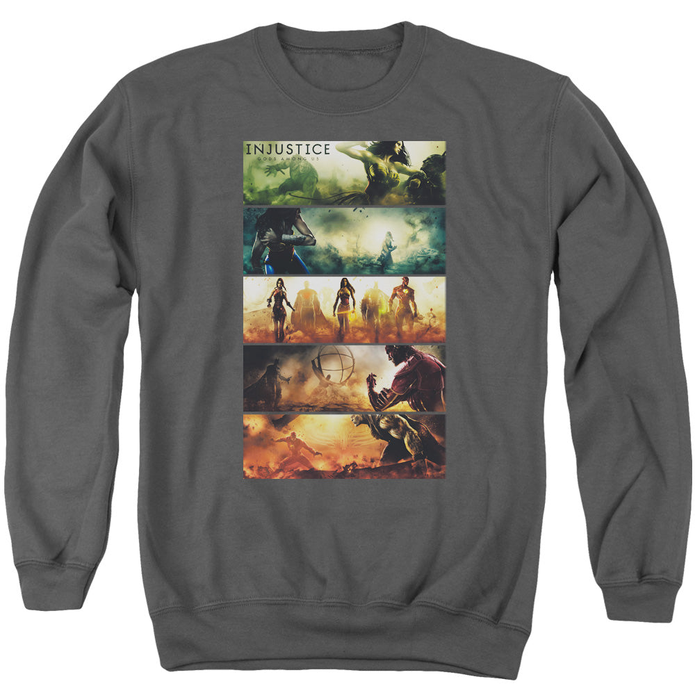 AN OFFCIALLY LICENSED INJUSTICE GODS AMONG US PANELS ADULT UNISEX CREWNECK SWEATSHIRT CHARCOAL