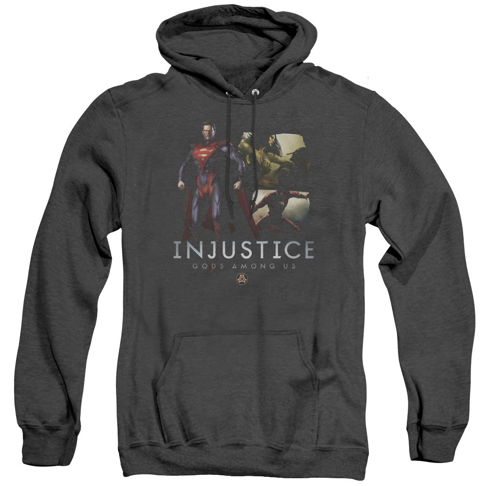 AN OFFCIALLY LICENSED INJUSTICE GODS AMONG US SUPERMANS REVENGE ADULT UNISEX HEATHER PULLOVER HOODIE BLACK