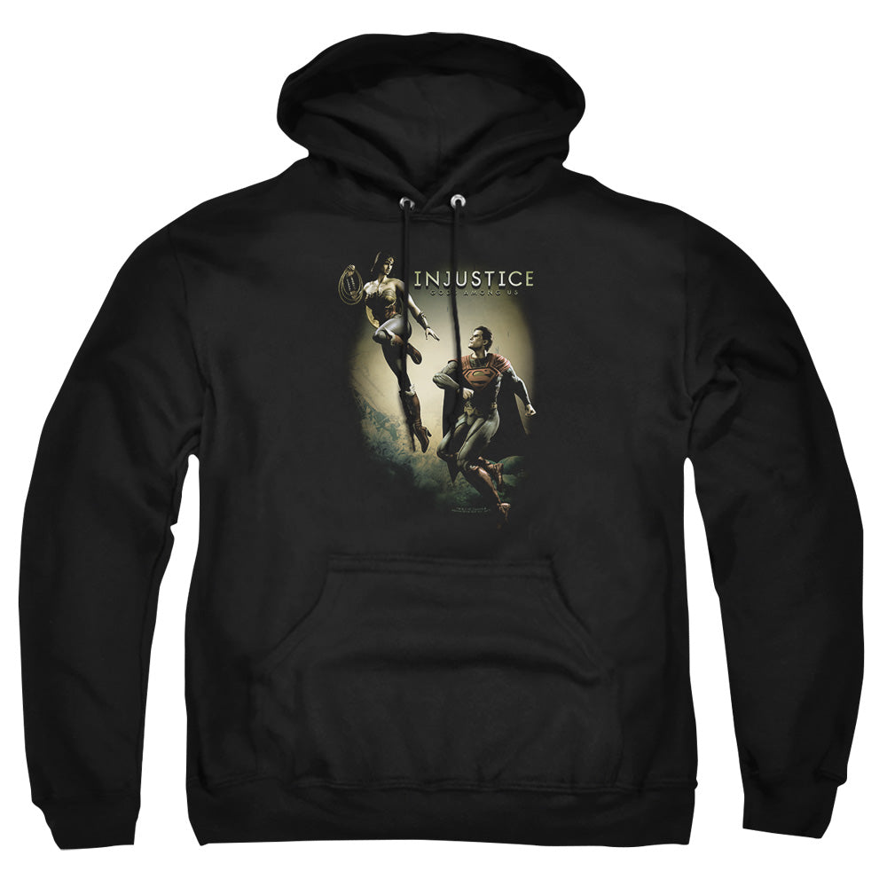 AN OFFCIALLY LICENSED INJUSTICE GODS AMONG US BATTLE OF THE GODS ADULT UNISEX PULLOVER HOODIE BLACK
