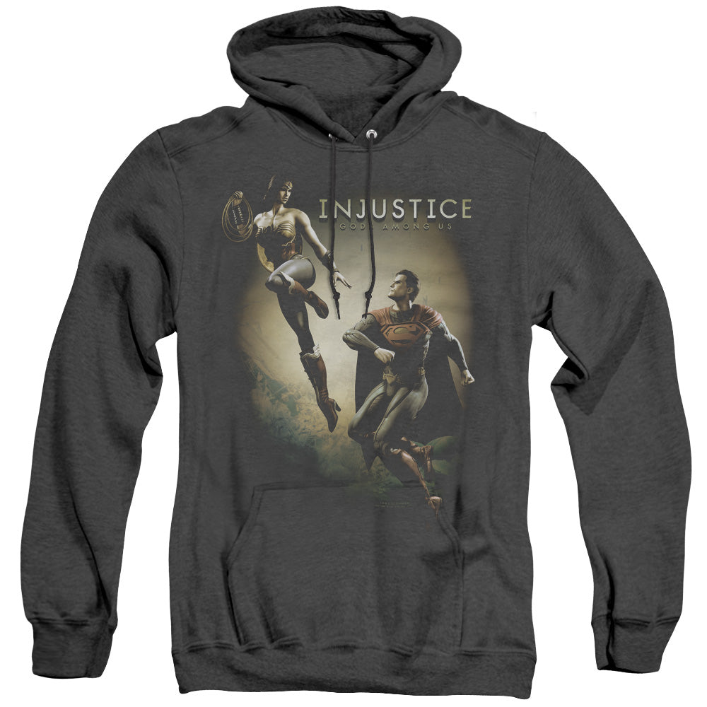 AN OFFCIALLY LICENSED INJUSTICE GODS AMONG US BATTLE OF THE GODS ADULT UNISEX HEATHER PULLOVER HOODIE BLACK