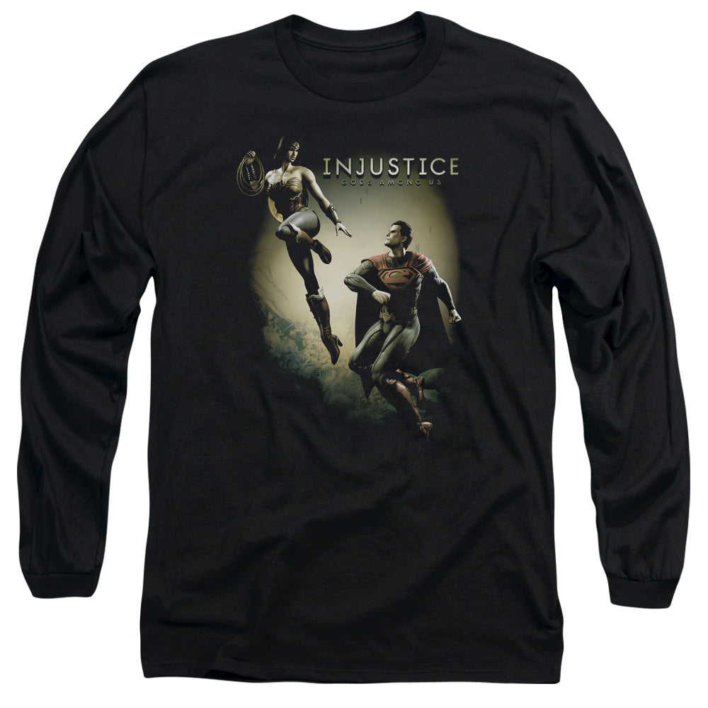 AN OFFCIALLY LICENSED INJUSTICE GODS AMONG US BATTLE OF THE GODS MEN'S LONG SLEEVE T-SHIRT BLACK