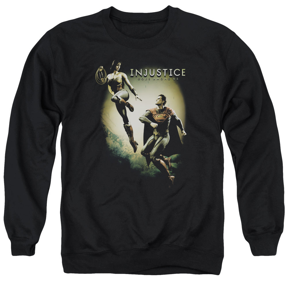 AN OFFCIALLY LICENSED INJUSTICE GODS AMONG US BATTLE OF THE GODS ADULT UNISEX CREWNECK SWEATSHIRT BLACK