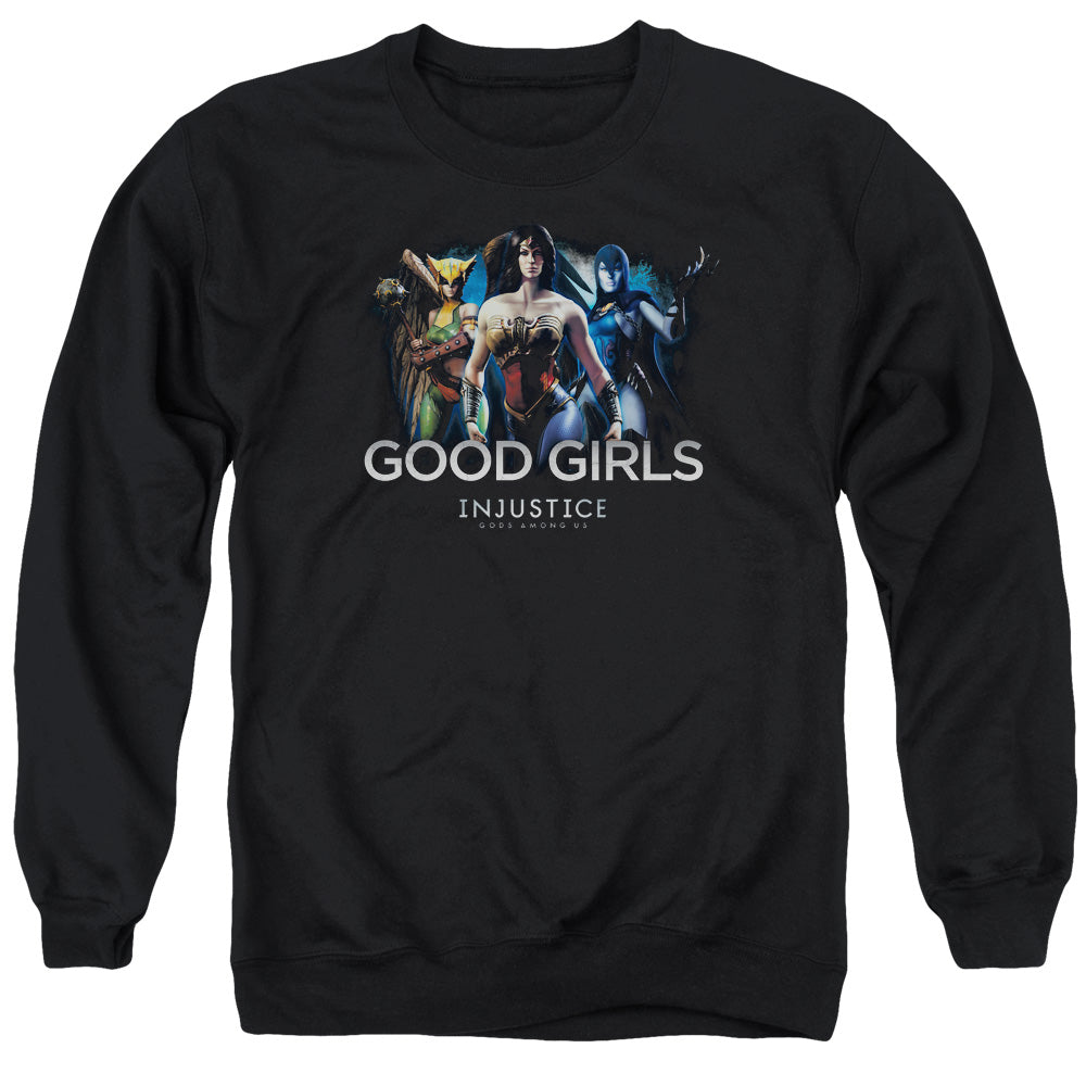 AN OFFCIALLY LICENSED INJUSTICE GODS AMONG US GOOD GIRLS ADULT UNISEX CREWNECK SWEATSHIRT BLACK