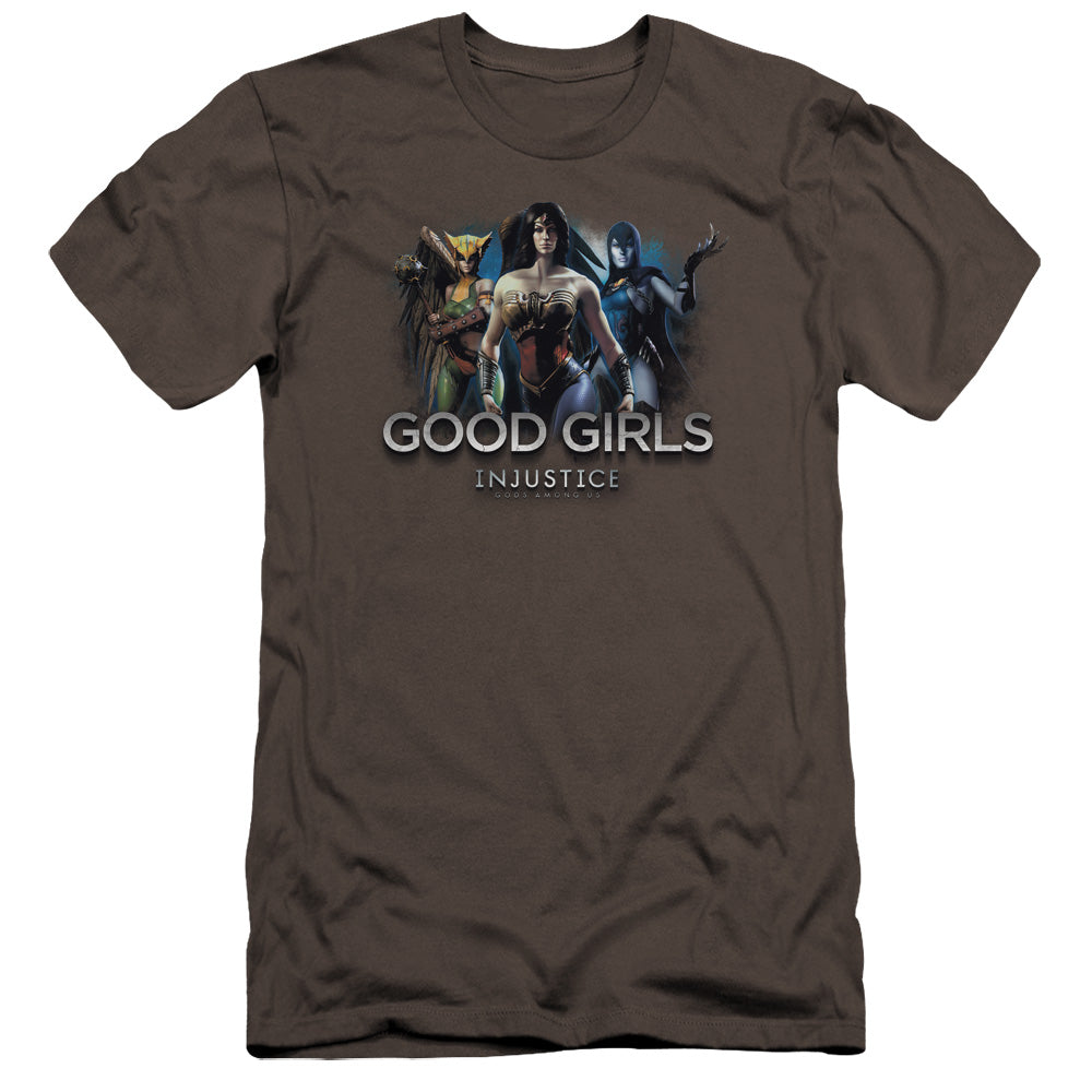AN OFFCIALLY LICENSED INJUSTICE GODS AMONG US GOOD GIRLS MEN'S PREMIUM SLIM FIT T-SHIRT CHARCOAL