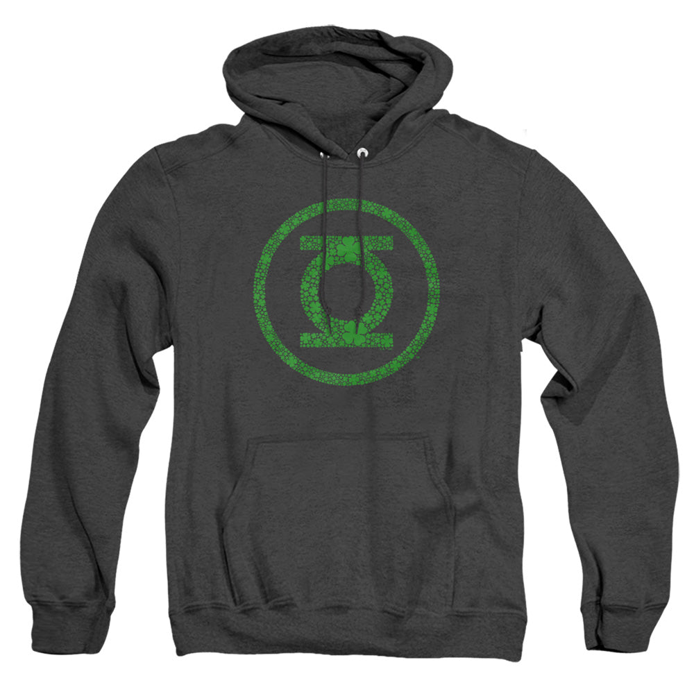 AN OFFCIALLY LICENSED GREEN LANTERN ST. PATRICK'S DAY SHAMROCK LOGO ADULT UNISEX HEATHER PULLOVER HOODIE BLACK