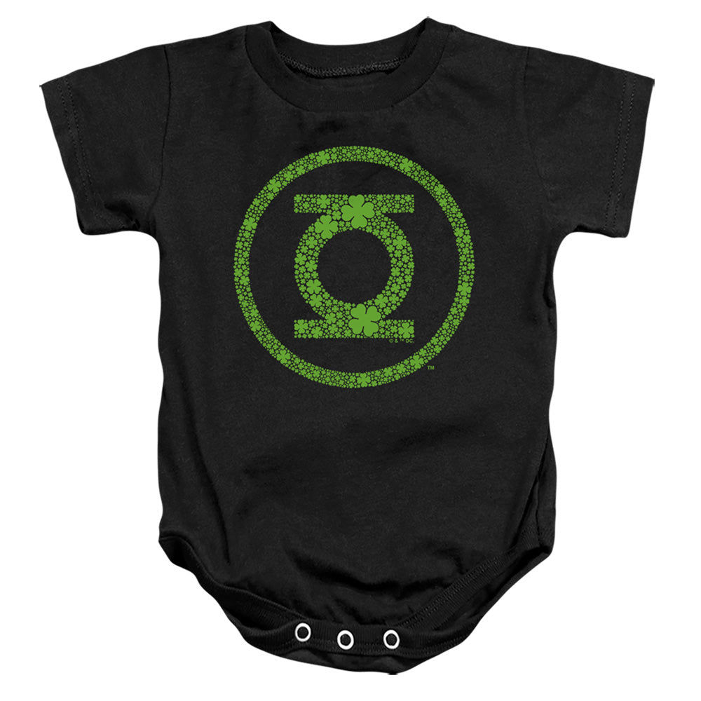 AN OFFCIALLY LICENSED GREEN LANTERN ST. PATRICK'S DAY SHAMROCK LOGO BABY BODYSUIT BLACK